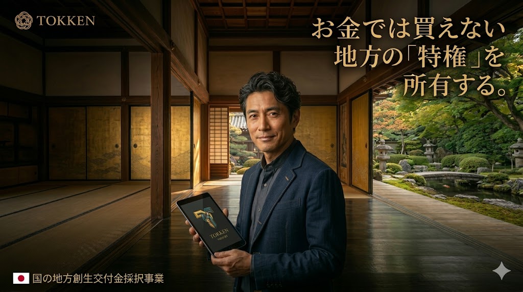 TOKKENというサービスのランディングページ用ファーストビュー。伝統的な日本家屋の座敷を背景に、スーツ姿の男性が「TOKKEN verification」のロゴが表示されたタブレットを持って立っている。右上の大きな金色の文字は、サービスの核心メッセージである「お金では買えない地方の「特権」を所有する。」を伝えている。左下には「国の地方創生交付金採択事業」と記されている。
